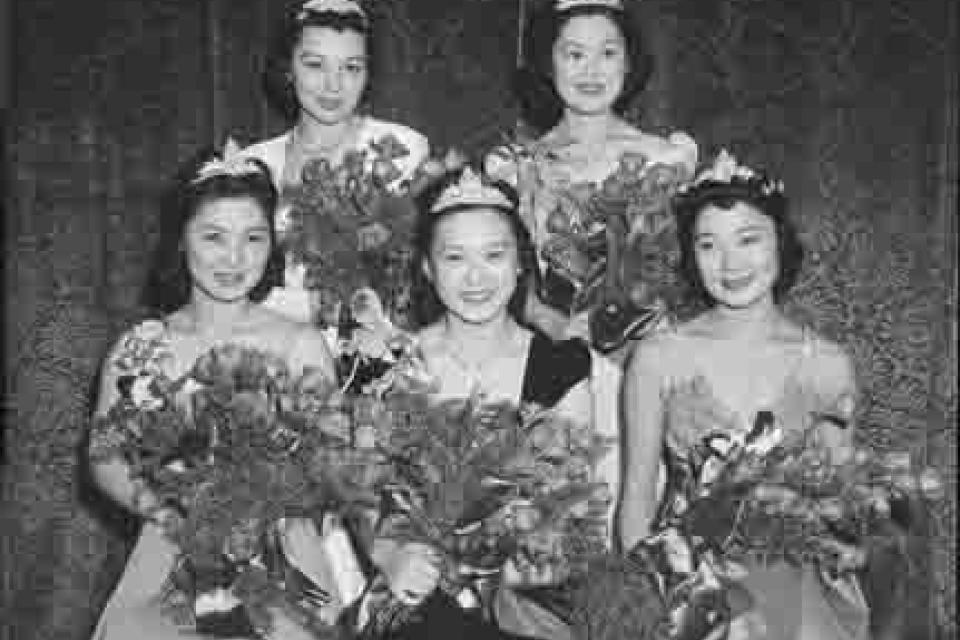 Black and white image of five, smiling Tournament of Roses Japanese Central Association Court beauty queens taken on the eve of the attack on Pearl Harbor